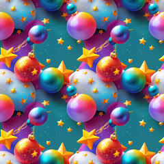 Bright vivid New Year seamless pattern. Rainbow balls and golden stars.