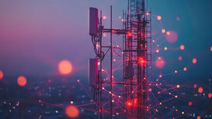 A cell phone tower with red lights and a network of lines, against a hazy purple sky with red bokeh lights representing a city skyline.