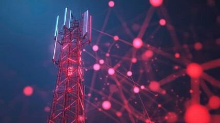 A red cell tower against a blue sky with red glowing lines and dots forming a network.