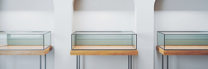 Three empty glass display cases on wooden stands against a white wall  minimalism and modern design  showcasing products or exhibits   