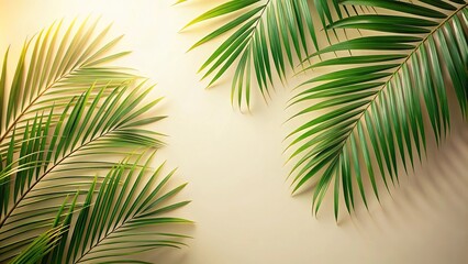 Soft shadows of palm leaves on creamy background evoking calm tropical ambiance