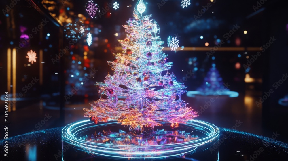 Poster A glowing Christmas tree is positioned on a circular platform, illuminated by a colorful ring of light.