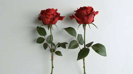 Obraz premium Two red roses with stems and leaves on a white background.