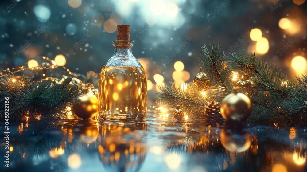 Poster a clear glass bottle with a cork stopper is filled with a golden liquid. it rests on a dark surface,