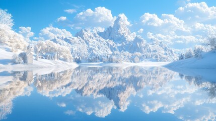 Fototapeta premium Majestic Winter Wonderland: Snowy Mountain Range, Tranquil Lake & Medieval Village | Ultra-Detailed Fantasy Landscape Photo
