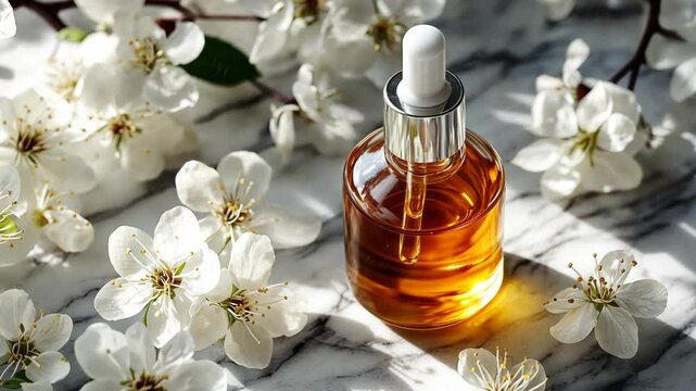A glass bottle of amber-colored oil sits on a marble surface surrounded by delicate white blossoms