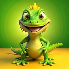 Fototapeta premium 3D Rendered Smiling Green Lizard with Yellow Spikes, Yellow Background, 3D Rendering, Cartoon Lizard