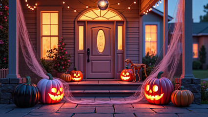 Obraz premium Halloween spooky scary front porch entryway decor scene with glowing orange, white, pink, black jack-o'-lantern pumpkins, animal skeleton, disco ball, yellow festive lights at night for celebration. 