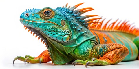 Fototapeta premium Colorful Iguana Close-Up Blue, Green, and Orange Scales, Reptile, Lizard, Iguana