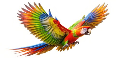 Obraz premium Colorful Parrot in Flight, Wings Spread, Isolated, Bird ,Tropical