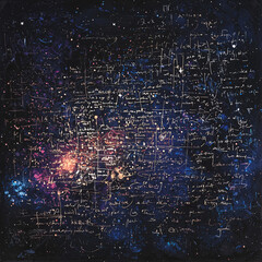 Fototapeta premium Celestial-style writing and scribbles on a textured wall, blending intricate cosmic patterns with a sense of mystery and otherworldly design, evoking ancient inscriptions and cosmic chaos.