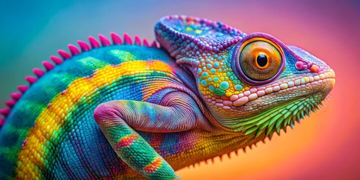 Close-up Portrait of a Vibrant Chameleon with Rainbow Scales, reptile , colorfull