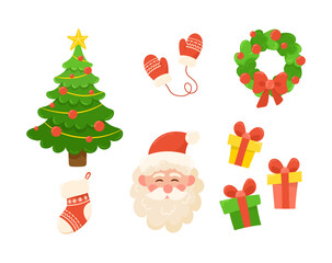 Vector set of Christmas objects including wreath, tree, stocking, presents, mittens and more. Perfect for holiday designs, cards and seasonal decor.