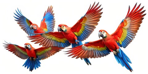 Fototapeta premium Four Colorful Macaws in Flight, White Background, Wildlife Photography, Parrot, Tropical Bird, Birds of Paradise