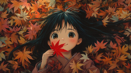 秋風の中で遊ぶ少女