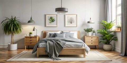 Modern Bedroom Interior Design with Wooden Bed, Plants and Neutral Colors, bedroom design , home decor