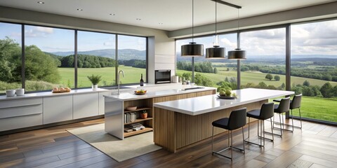 Modern Kitchen with Mountain View, Island, Pendant Lights, Kitchen Design , Interior Design