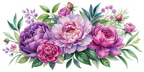 Watercolor Bouquet of Purple and Pink Peonies with Greenery, Floral Arrangement, Wedding Flowers, peonies, watercolor