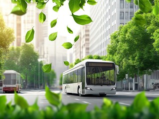 Obraz premium Futuristic Urban Serenity: A Digital Bus Navigates a Modern Cityscape Surrounded by Floating Nature - Perfect Poster for Tech-Inspired Sports Interiors!