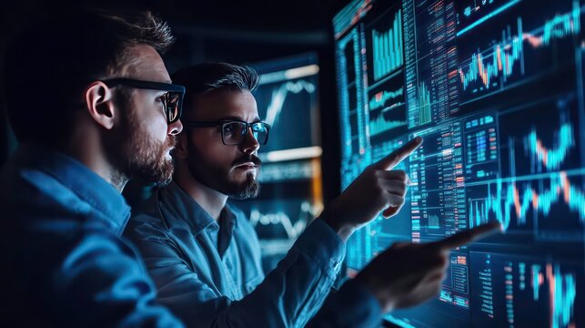 Two businessmen analyzing data on a large screen in a dark office.