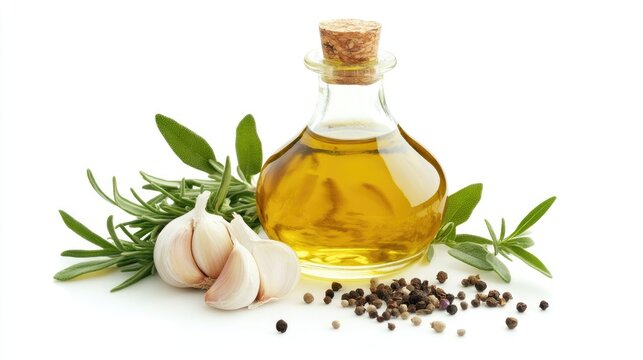 Bottle of olive oil surrounded by fresh herbs and spices on white background