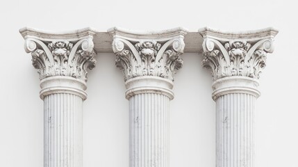 Obraz premium Three white marble columns with ornate capitals against a white wall.