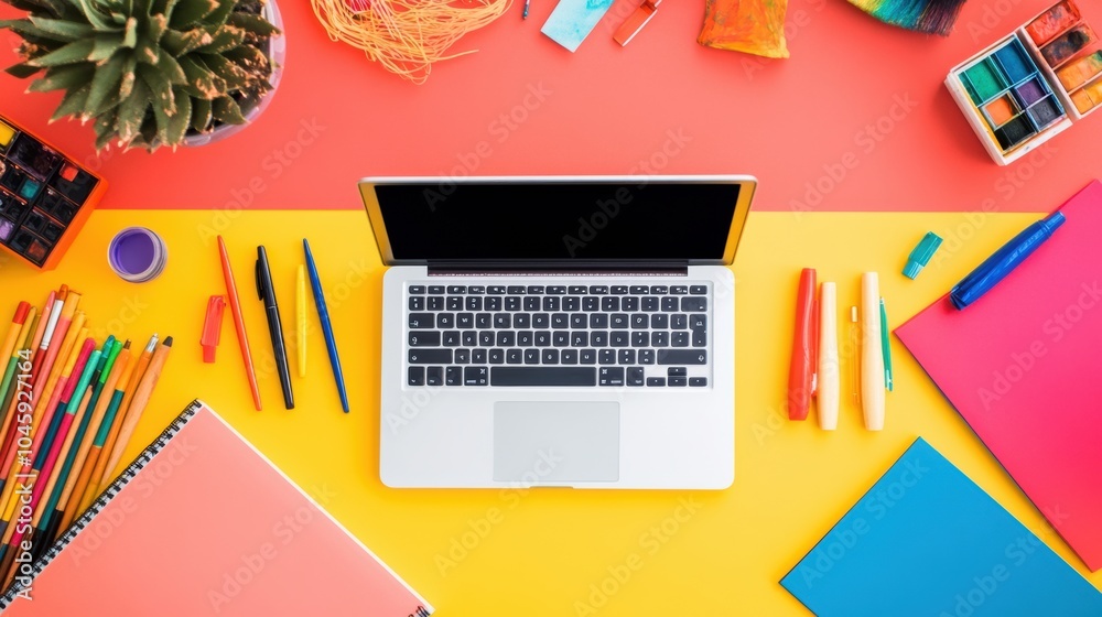 Poster A laptop sits at a colorful workspace surrounded by various stationery items, showcasing a lively and productive environment. Generative AI