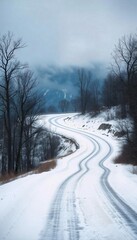 Fototapeta premium A foggy winter road through a snowy forest