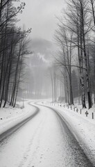 A foggy winter road through a snowy forest