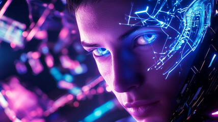 Close-up of a futuristic cyborg with glowing blue eyes and digital circuitry on his face, surrounded by neon lights.