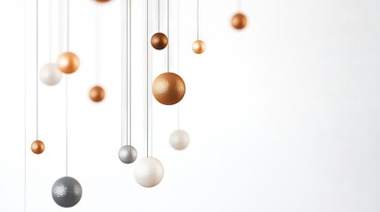  A photo of close-up balls dangling on a wire, set against a white wall background