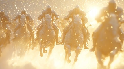 Fototapeta premium Epic Medieval Winter Battle of Glinting Knights on Horseback Amidst Flying Arrows - Ultra-Detailed Fantasy Scene