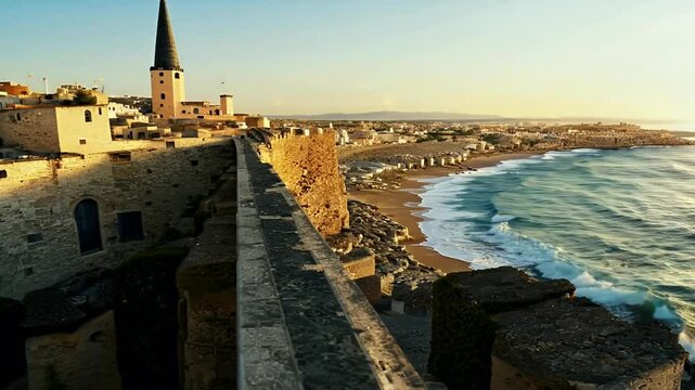 breathtaking vertical panoramic shot beautiful Akk ship capturing stunning cityscape beach Mediterranean coast while traveling picturesque landscapes rael travel cruise wave