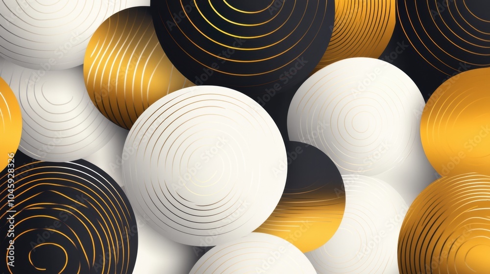 Fototapete an abstract arrangement features spheres in black, white, and gold, showcasing swirling patterns tha