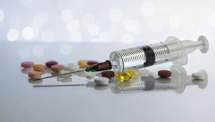 A close-up of a syringe and assorted pills on a reflective surface with vibrant bokeh lights in the background. Syringe and needle