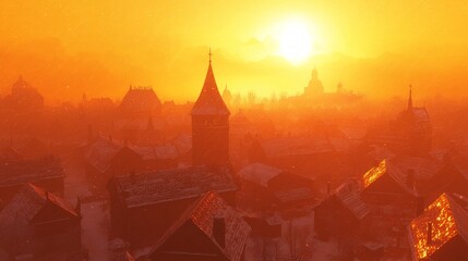 Naklejka premium Enchanting Medieval Village at Dusk in Winter Wonderland with Snowfall and Vibrant Sunset - Ultra-Detailed Serene Fantasy Scene