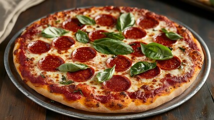 A close-up of a delicious pepperoni pizza with fresh basil leaves on a wooden table.