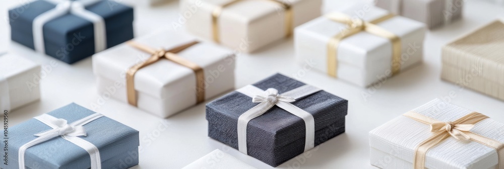 Poster A collection of carefully styled geometric gift boxes in various colors and patterns is artistically displayed on a neutral background. Generative AI