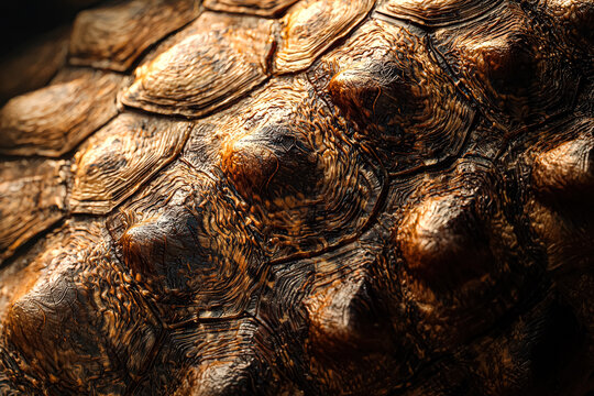 The image is of a tortoise shell, with a brown and black pattern. The shell is textured and has a rough surface. Scene is one of natural beauty and ruggedness