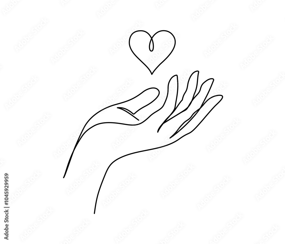 Poster One continuous line drawing of hands holding heart. Concept of love relationship and volunteer organisation symbol in simple linear style. Editable stroke. Doodle Vector illustration