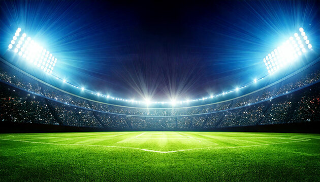 Football field illuminated by stadium lights