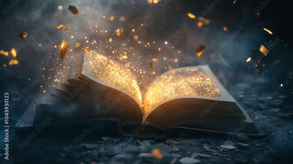 Poster an open book with a glowing magical light emanating from its pages, surrounded by golden particles a
