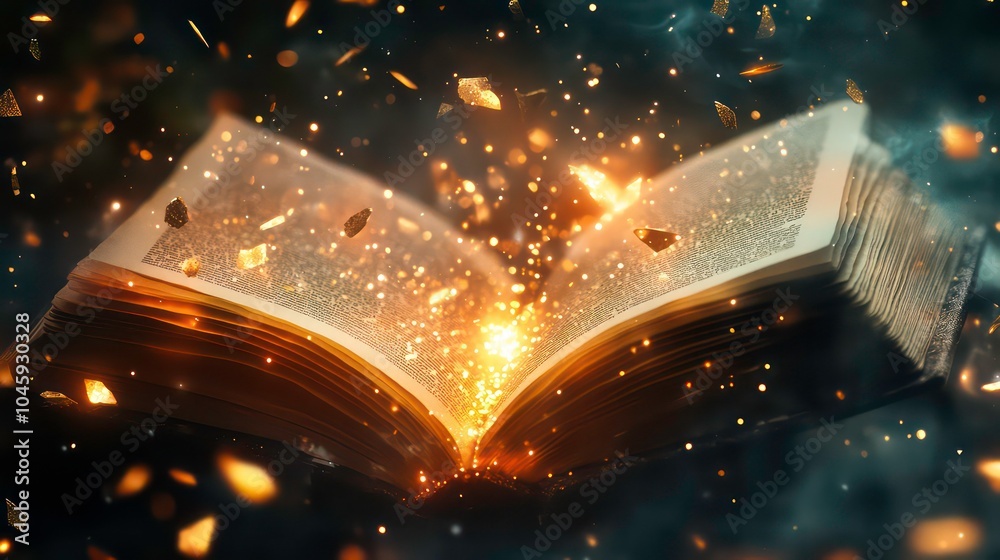 Fototapete an open book with glowing light emanating from its pages, surrounded by sparkling particles and smok