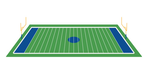 American football field with goal posts. Sports stadium ground with green grass or turf and white lines. Vector flat illustration isolated on white background