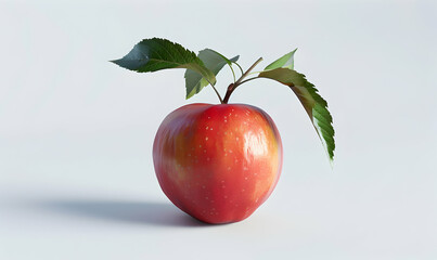 A single red apple with leaves against a white background.