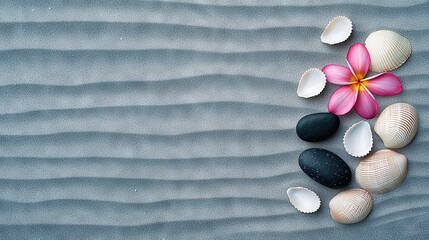 Naklejka premium Pink flower atop black-white seashells on sandy beach