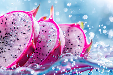 Dragonfruit splashing on a blue water with bubbles background, fresh juicy sliced fruits