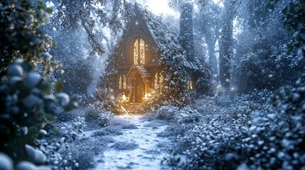 Fototapeta premium Enchanting Medieval Herbalist's Cabin in Winter Wonderland with Snowy Garden and Cozy Glow | Ultra-Detailed Fantasy Scene