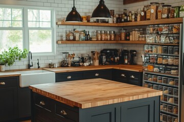 modern farmhouse kitchen, contemporary farmhouse kitchen featuring butcher block island, black hardware, pendant lighting, and pantry staples, with room for text