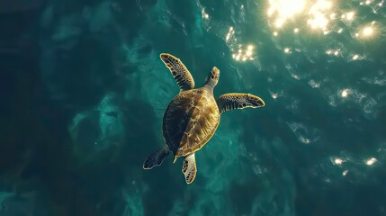Obraz premium A sea turtle swims in clear turquoise water with sunlight reflecting on the surface.